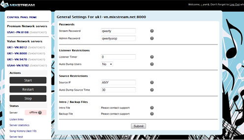 MixStream control panel